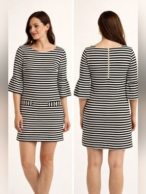 Lilly Pulitzer Black White Striped Dress Bell Sleeve Gold Buttons Lined Size Sm